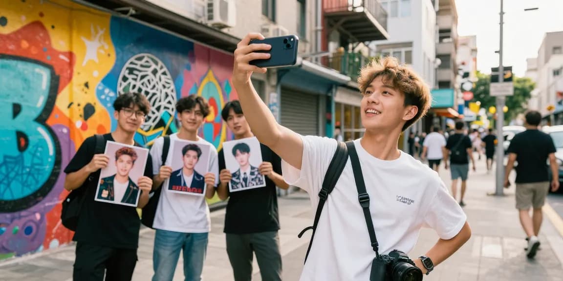 Person taking a selfie to discover who they look like celebrities in a vibrant urban setting.