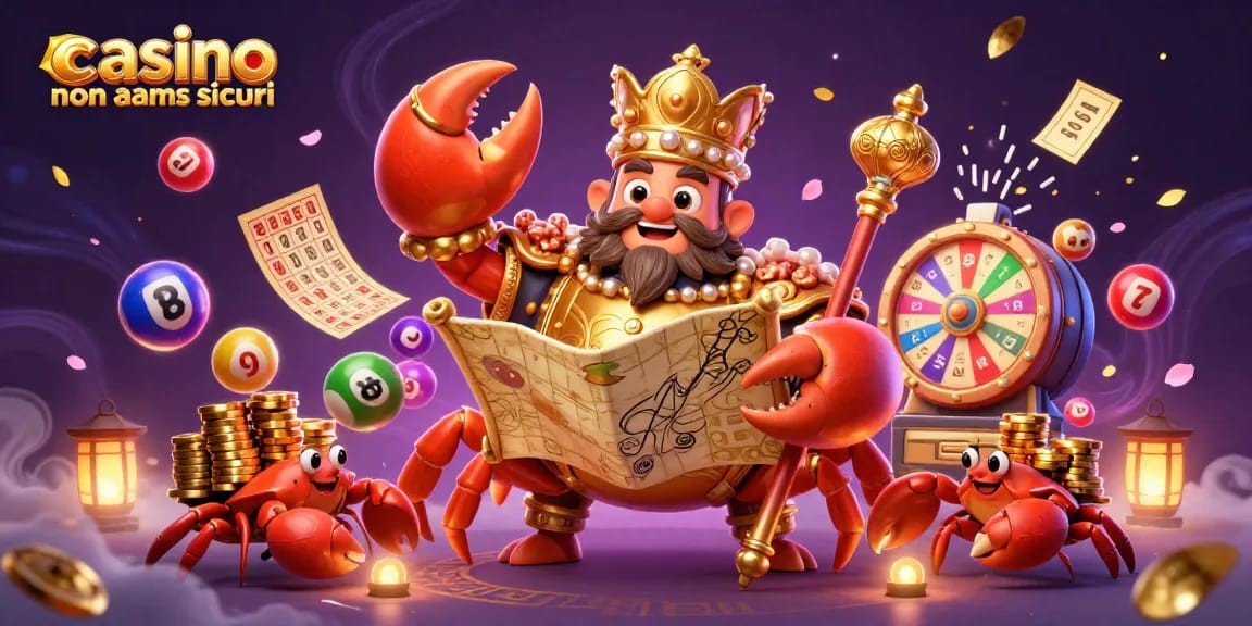 Scopri i casinò non AAMS sicuri con un imperatore granchio e giochi vivaci in un'illustrazione accattivante.