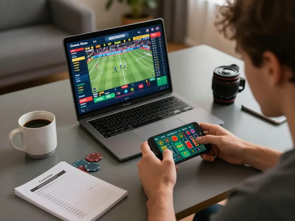 Player engaging in ax88 bet for live sports betting action from modern home office with smartphone and strategy notes.