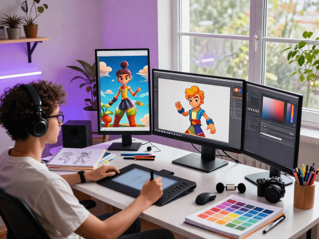 Creative digital artist workspace with character ai nsfw designs displayed on multiple screens, showcasing vibrant artwork.