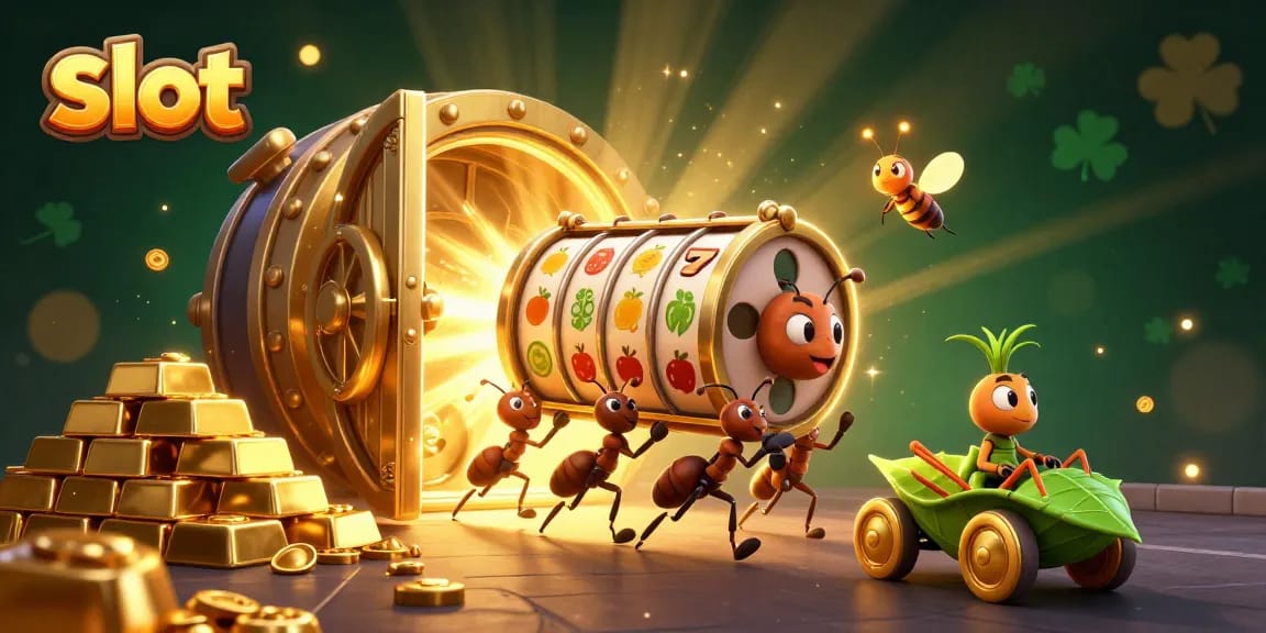 Spin for big wins with these slot-themed ants in a treasure-filled heist!