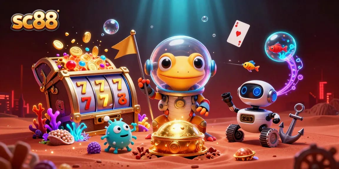 sc88 Martian gecko finds a buried casino amid the vibrant slot reels and treasures.
