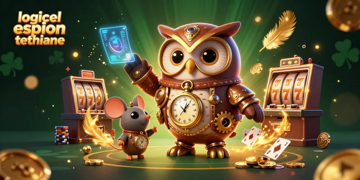 Plongez dans l'univers excitant des casinos avec logiciel espion téléphone, un hibou voyageur du temps entouré de machines à sous et de jetons d'or.