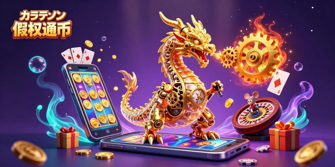 オンライン カジノ 仮想通貨を利用したゲームを楽しむドラゴンとエンジニアのシーン