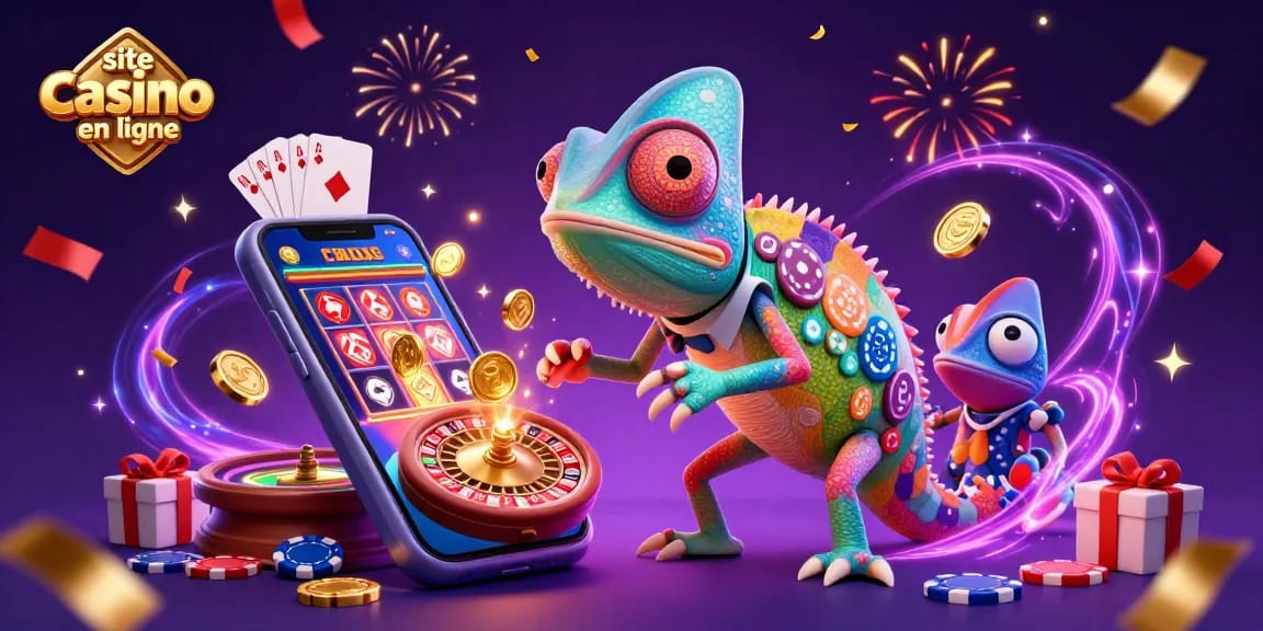 Jouez sur le site casino en ligne avec un caméléon animé attrapant des pièces d'or.