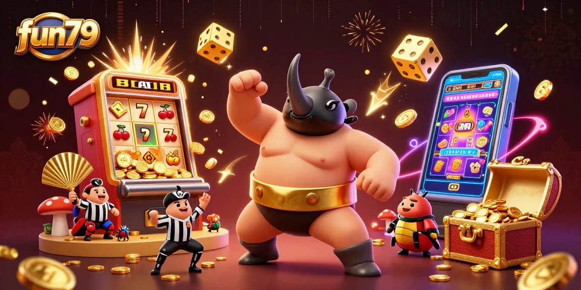 Spin to win at fun79 with a vibrant slot game scene filled with joyous characters and golden treasures.