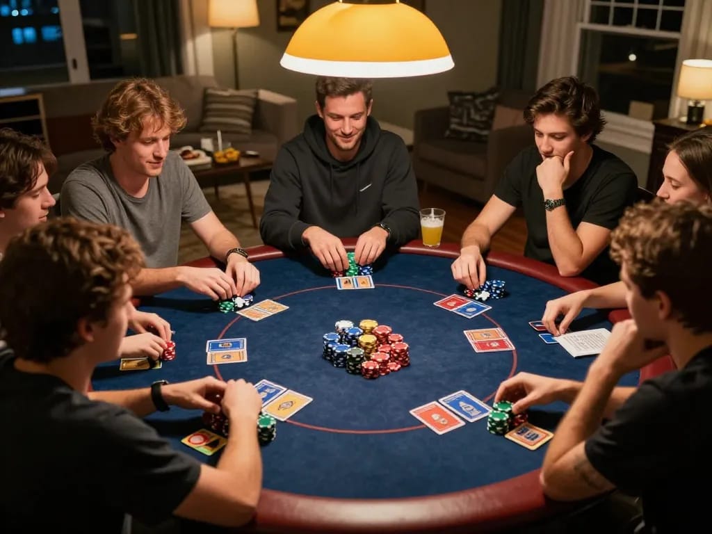 Engaged players enjoying a home poker night while learning strategies for 888new bet games.