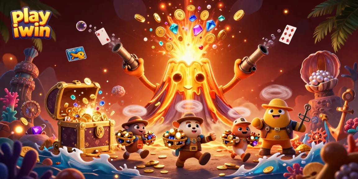 Play iwin with a vibrant 3D cartoon scene showcasing a golden volcano and treasure-filled adventure.