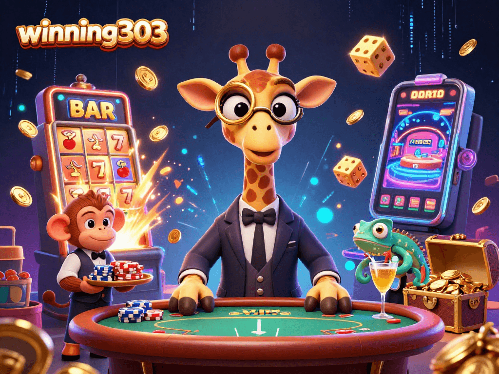 Winning303 showcases a high-roller giraffe, poker table chaos, and vibrant slot machine thrill.