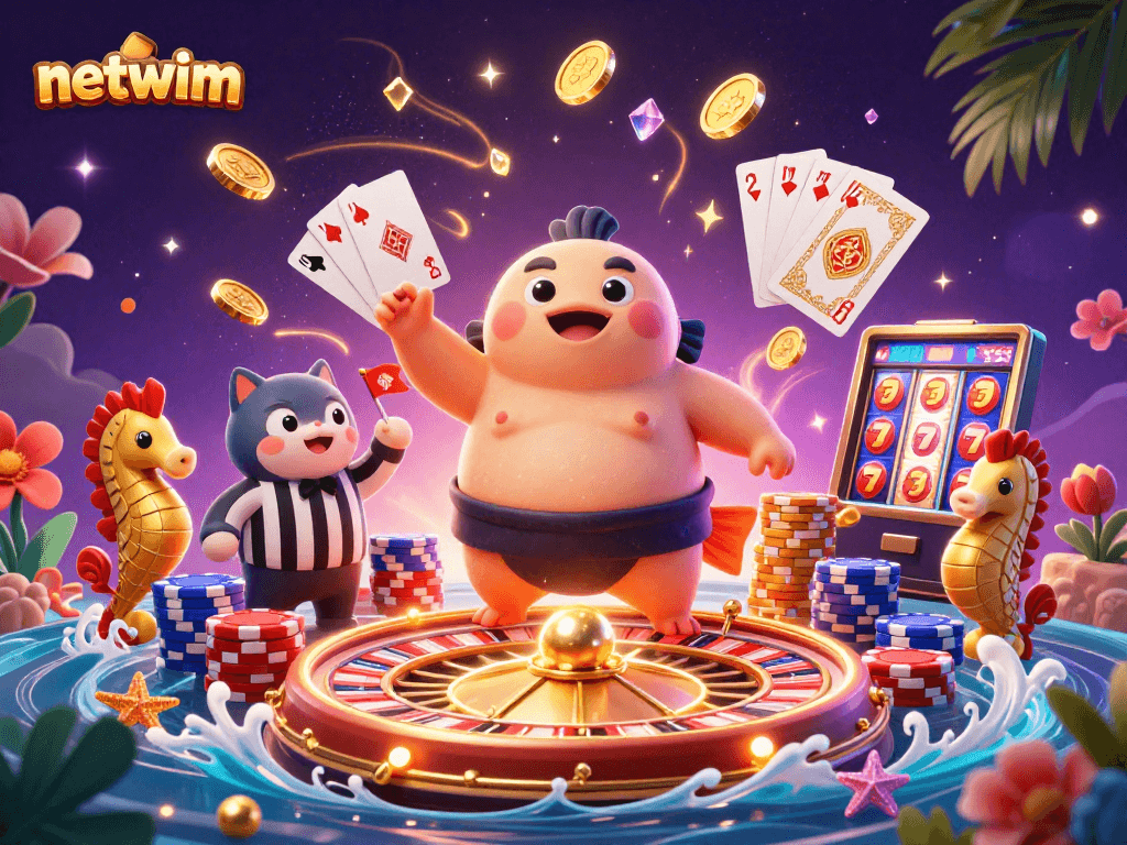 Experience thrilling wins with netwim in a vibrant underwater casino scene full of excitement and gaming elements.