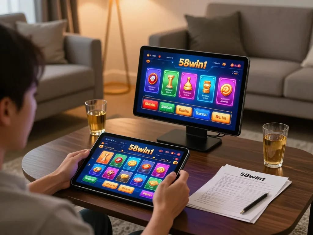 Engaging in 58win1 online casino gaming on a tablet in a cozy home setting