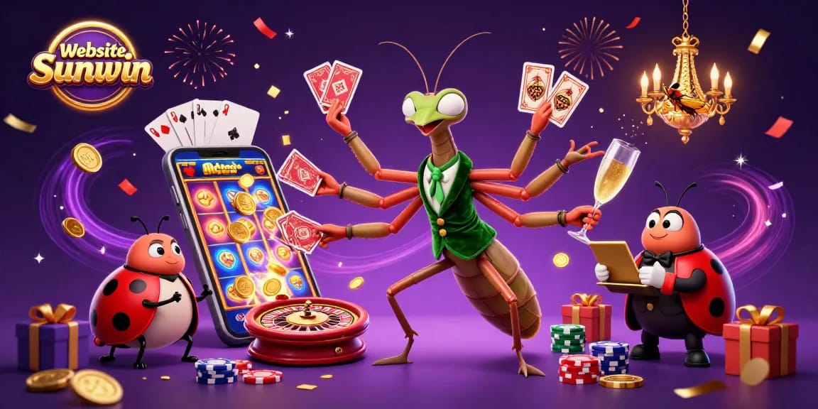 Win big at Website Sunwin with a dynamic casino scene featuring a praying mantis dealing cards and arcade decorations.