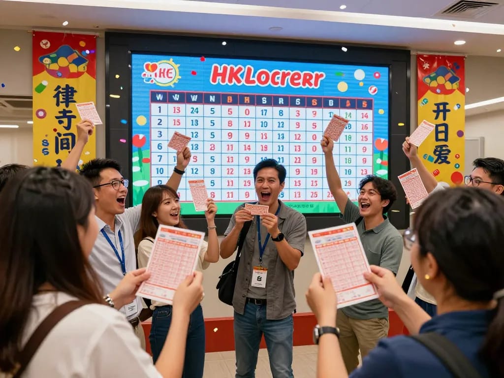 Excited group checking HK lottery results at a live event.