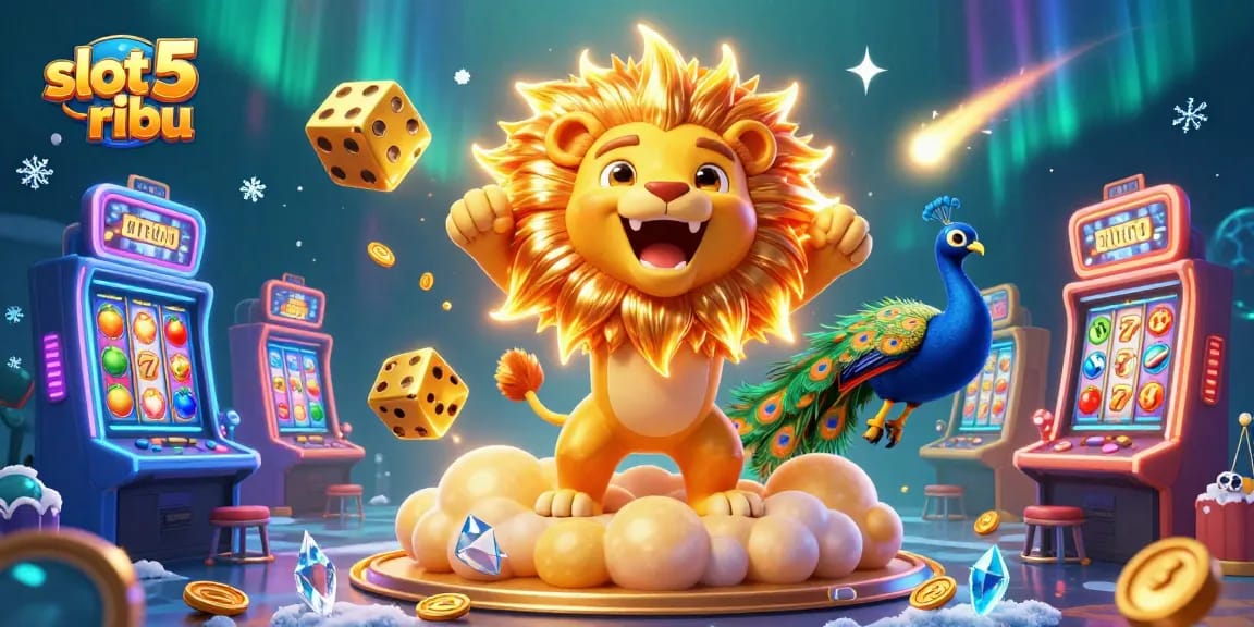 Engage with the slot 5 ribu magic as a cartoon sun lion roars amidst vibrant casino symbols and exciting gaming elements.