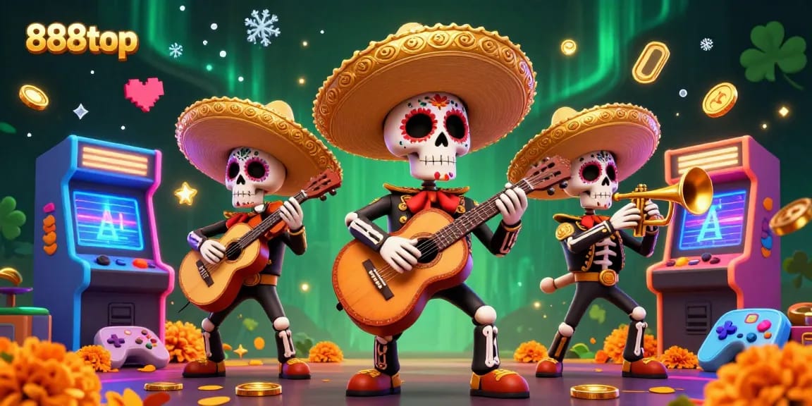 Experience thrilling casino gameplay with 888top in this vibrant, dynamic illustration of a mariachi band surrounded by game icons.