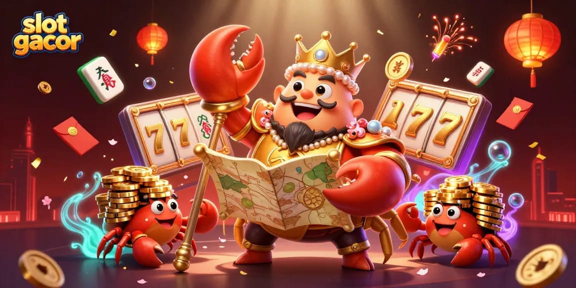 Engage with slot gacor adventures in this 3D illustration, showcasing a golden crab emperor amidst vibrant casino elements.