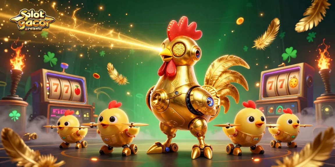 Engage with slot gacor resmi in this vibrant 3D scene featuring a golden rooster robot and playful drones amidst scattered casino elements.
