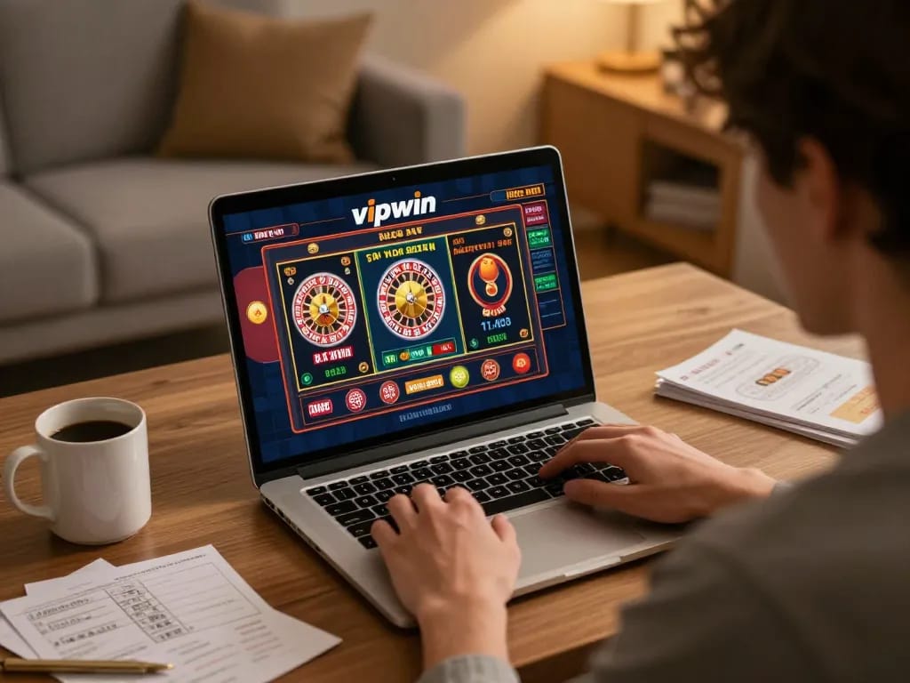 Engaging player betting on vipwin with a laptop, showcasing casino games and strategy notes