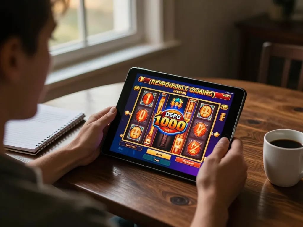 Engaged player utilizing slot depo 1000 feature on tablet during online gaming.