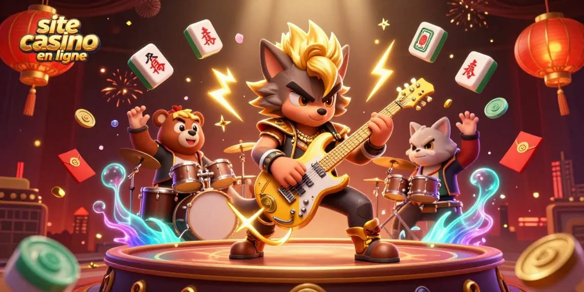 Jouer sur le site casino en ligne avec une scène animée d'un loup rock star et un ours batteur