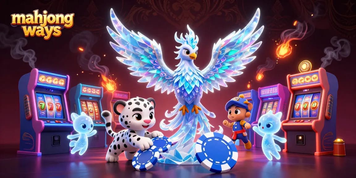 Win big with Mahjong Ways in a vibrant casino scene featuring an ice phoenix, leopard cub, and arcade machines.