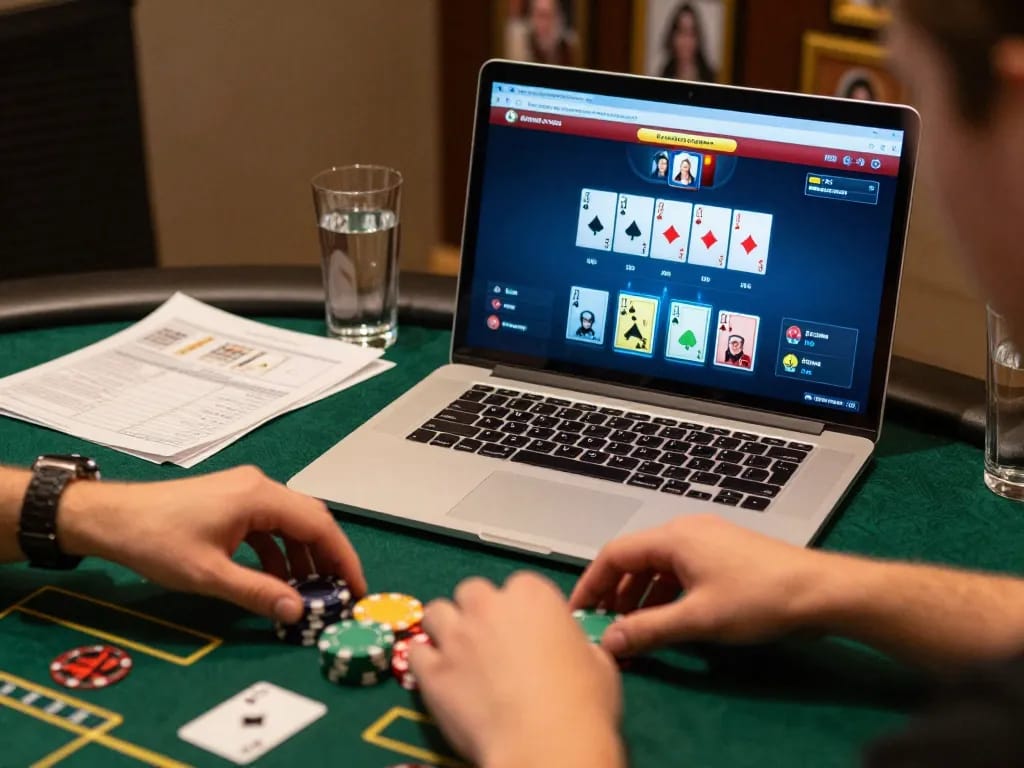 388bet player strategizing in an online poker game with chips and vibrant interface.