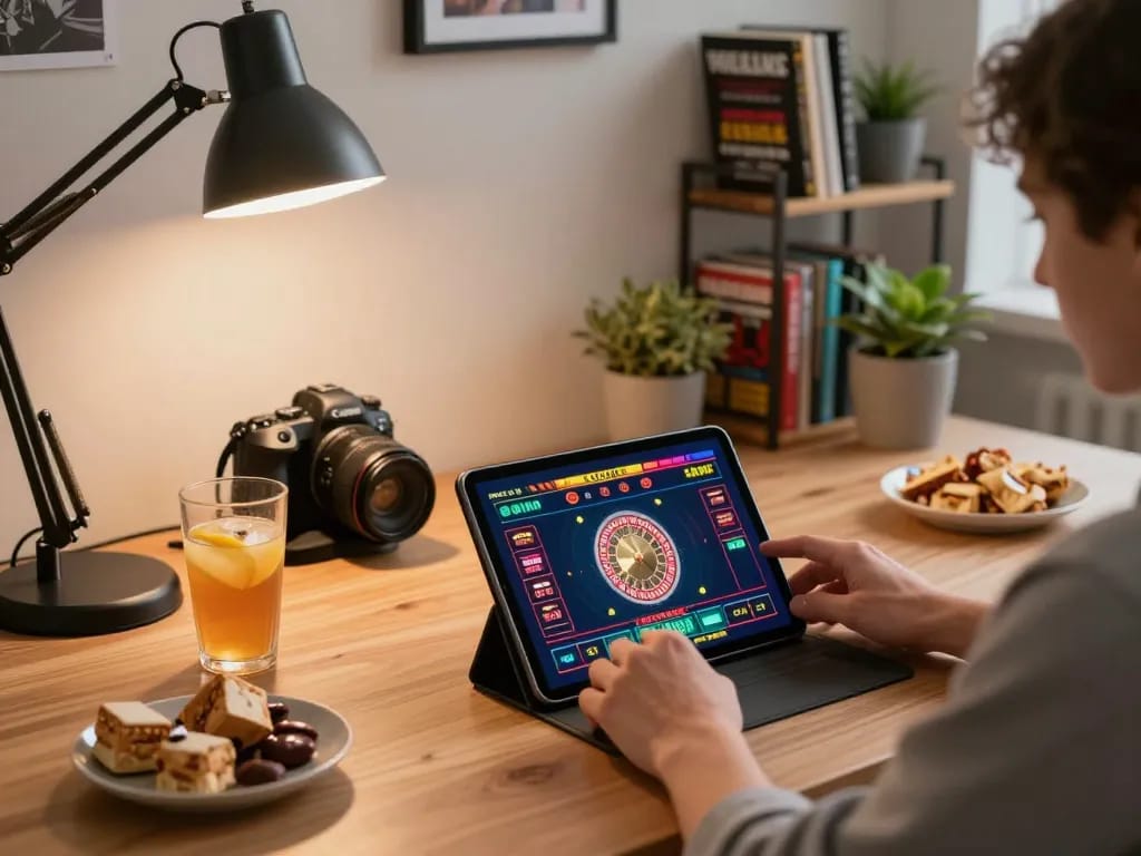 Engaging G28 online gaming experience with a live casino setup and cozy home environment.