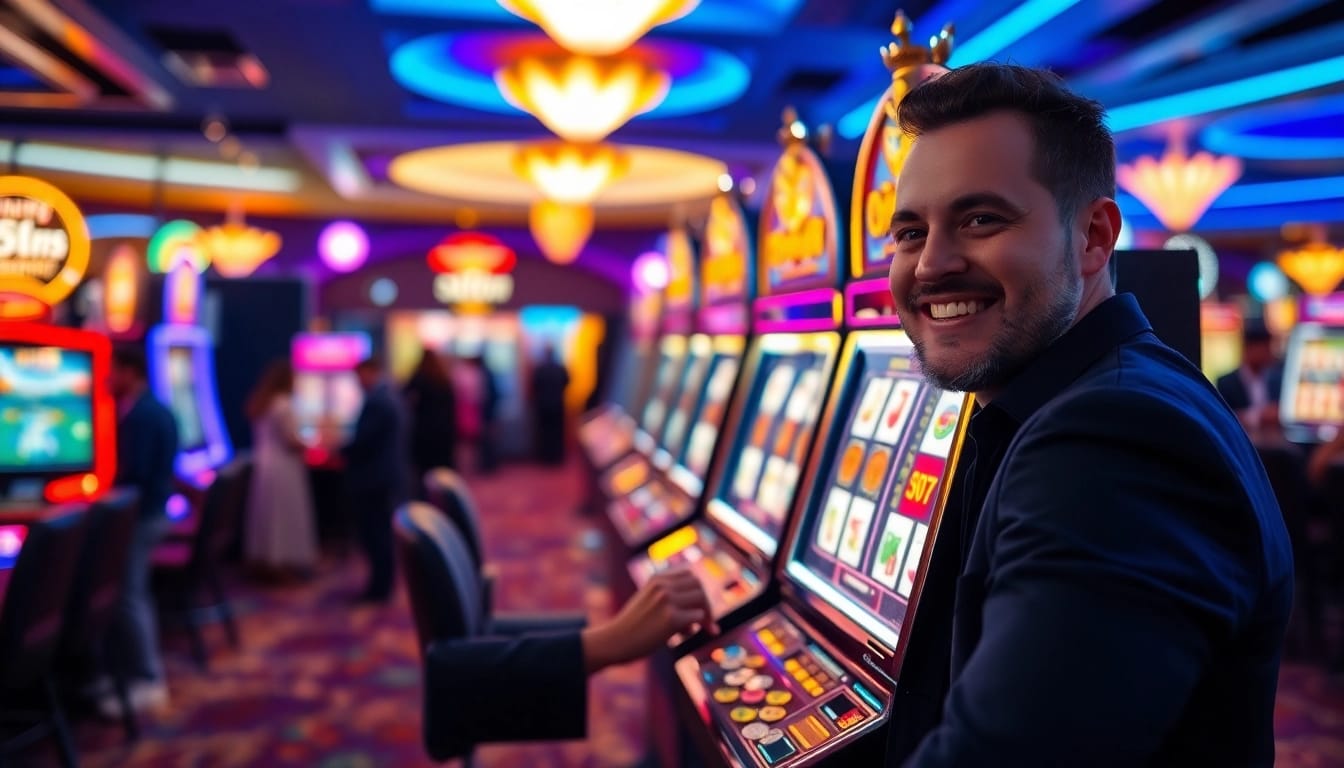 Menangkan slot777 pada mesin slot bercahaya dengan koin berjatuhan dari mesin.