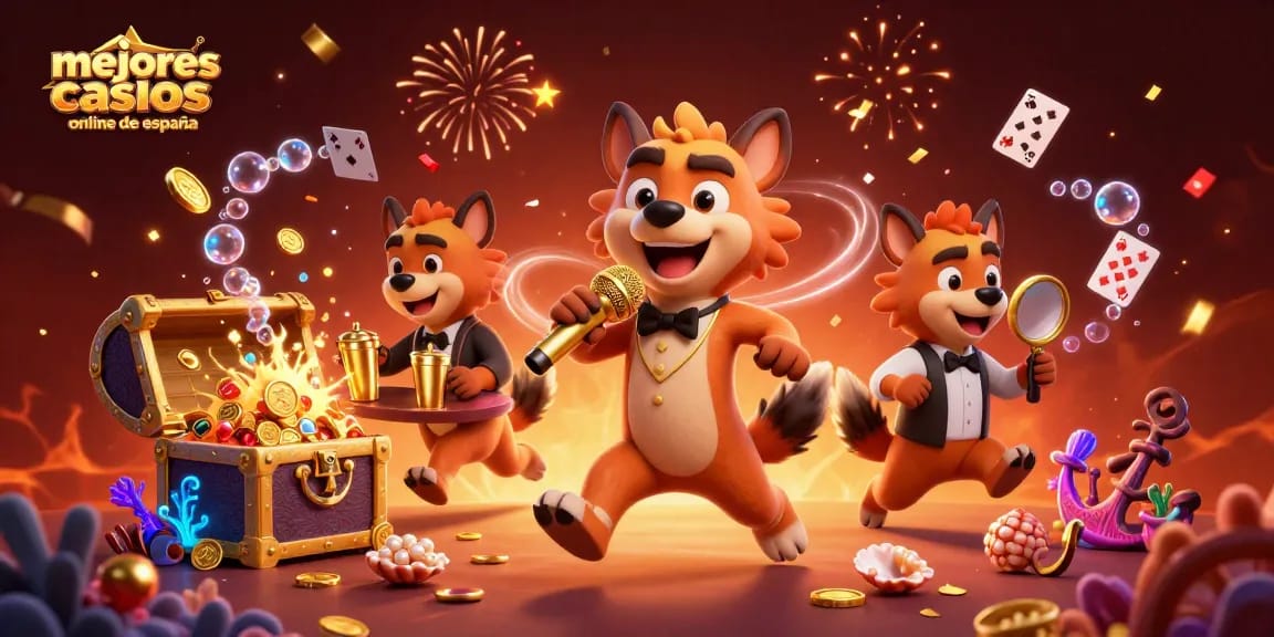 Mejores casinos online de España representados con diversión en un club de comedia y premios brillantes.