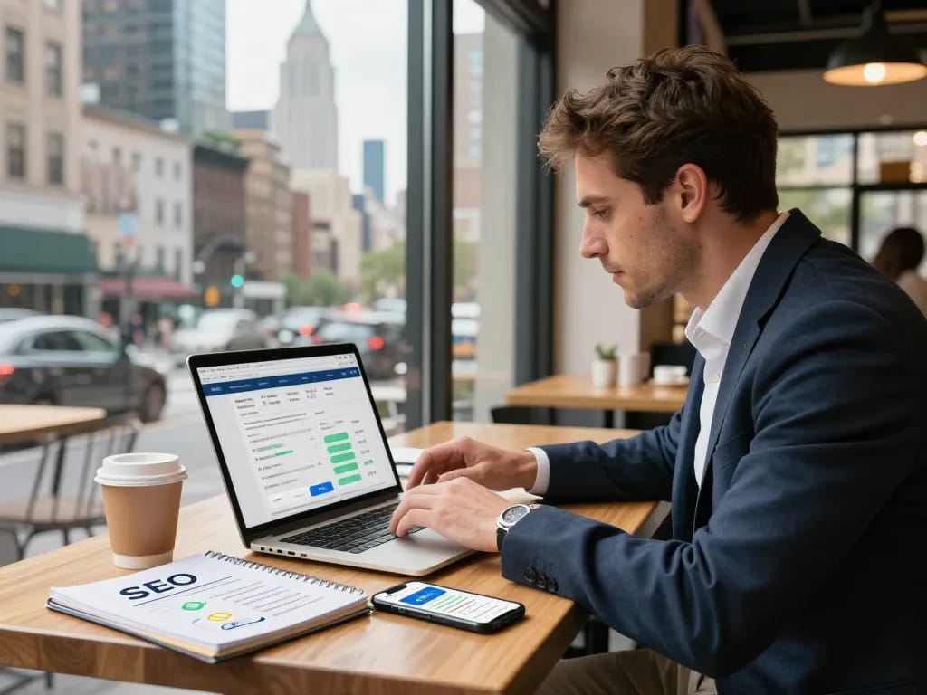 Highlighting Local SEO NYC expert analyzing website data in a bustling NYC café, with urban landmarks, coffee, and digital marketing resources.