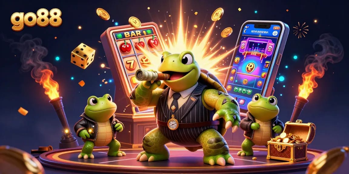 go88 showcases a vibrant scene featuring a cartoon turtle and frog enforcers celebrating big wins at the casino.