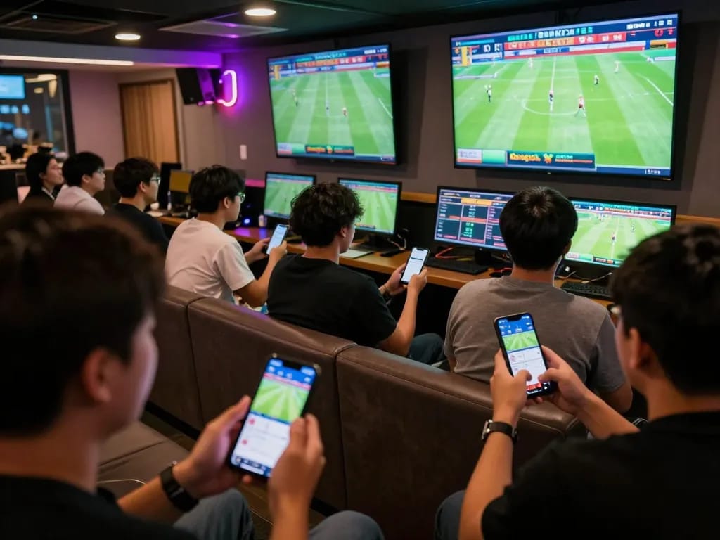 Bongdalu betting excitement captured in a vibrant sports lounge with fans engaged in live matches and betting