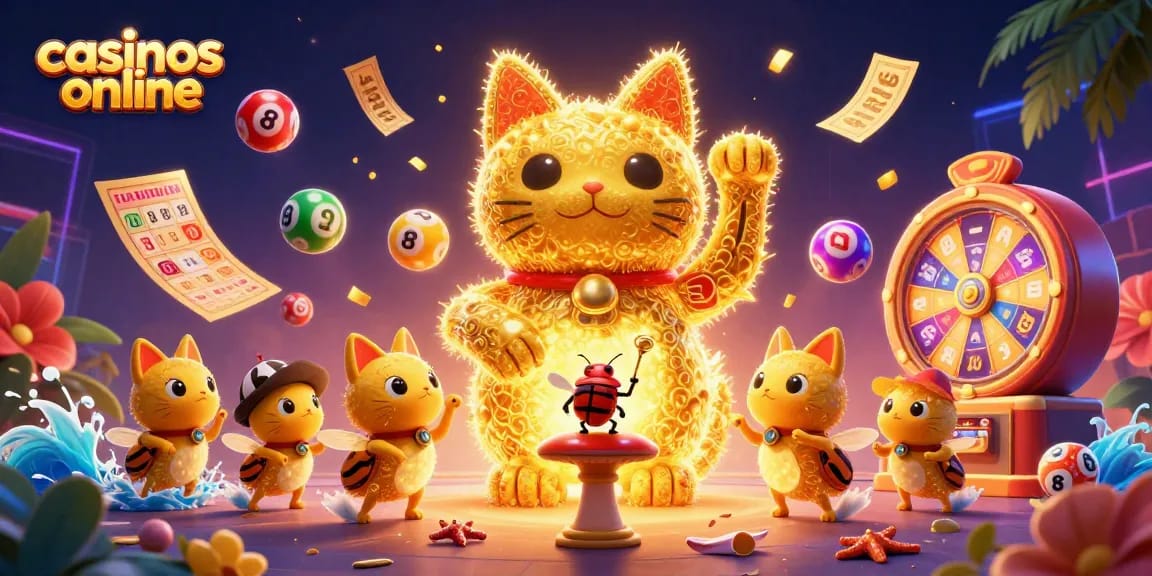 Los mejores casinos online impresionan con un gato de la suerte y símbolos de juego vibrantes.
