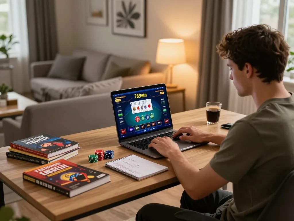 Engaging player strategizing poker on 789win, showcasing laptop gaming setup at home.