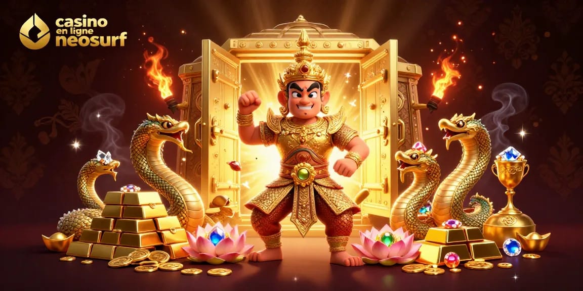 Gagnez au casino en ligne Neosurf avec un gardien de temple et un trésor doré.