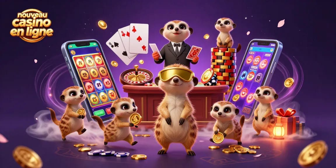 Nouveau casino en ligne : des suricates gèrent une opération de jeu avec des jeux de cartes et des roulettes