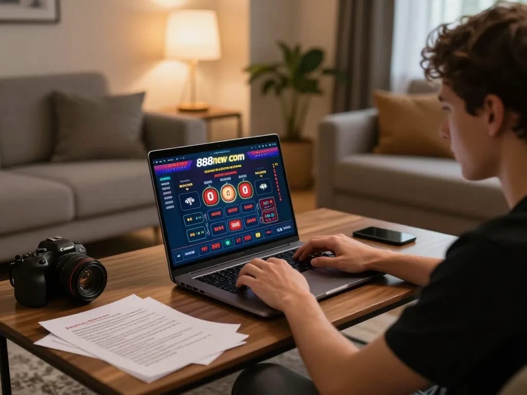 Engaging with the 888new com online casino games in a cozy living room setup, showcasing strategic gameplay.