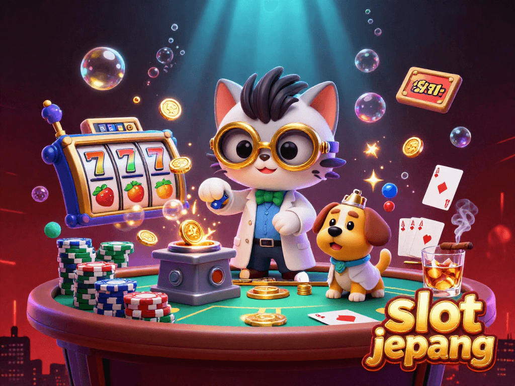 Play slot jepang with vibrant, dynamic casino elements in a 3D illustration featuring a mad scientist cat and assistant.