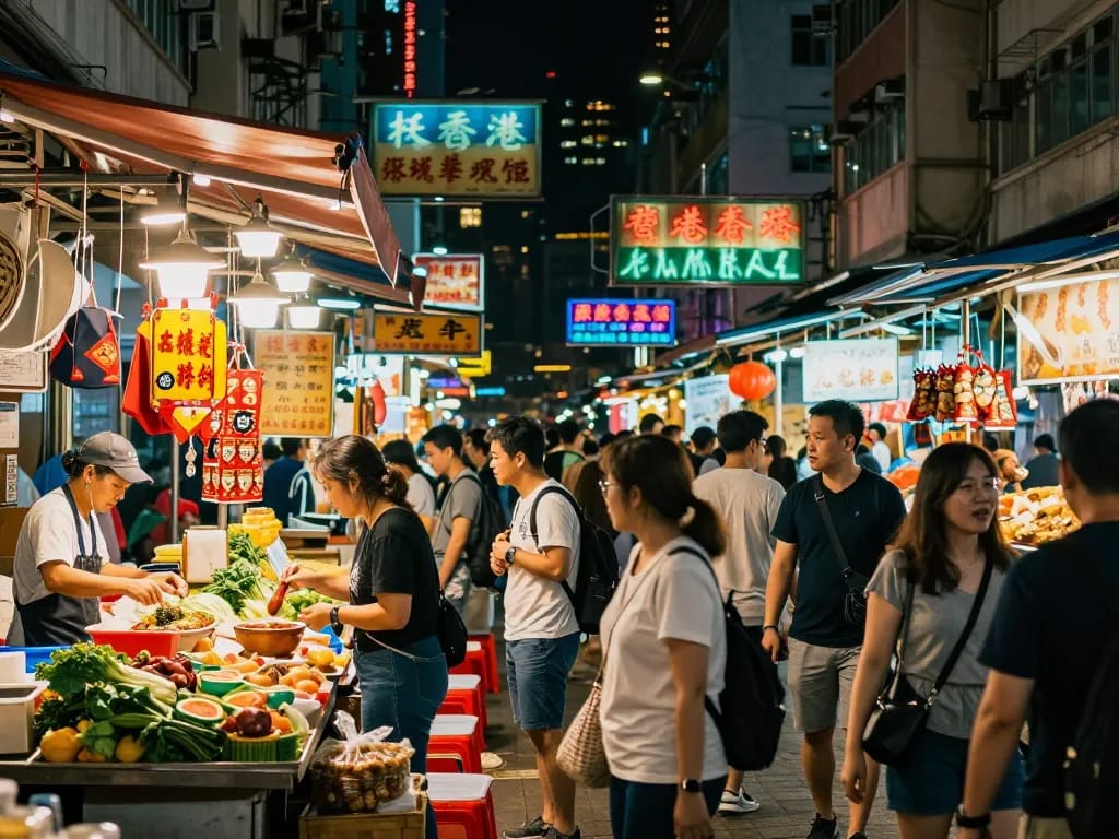 Dynamic Hong Kong street market bustling with vendors and customers, showcasing HK culture and energy.