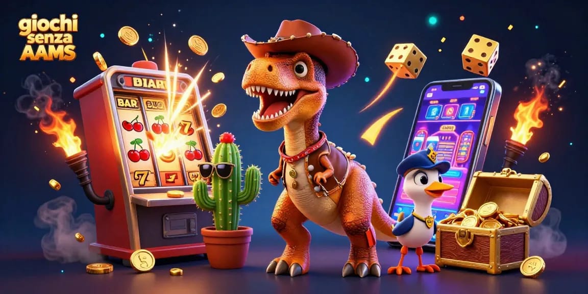 Scopri i giochi senza AAMS in un'illustrazione 3D ricca di dettagli che mostra divertenti personaggi cartoon accanto a simboli di casinò.
