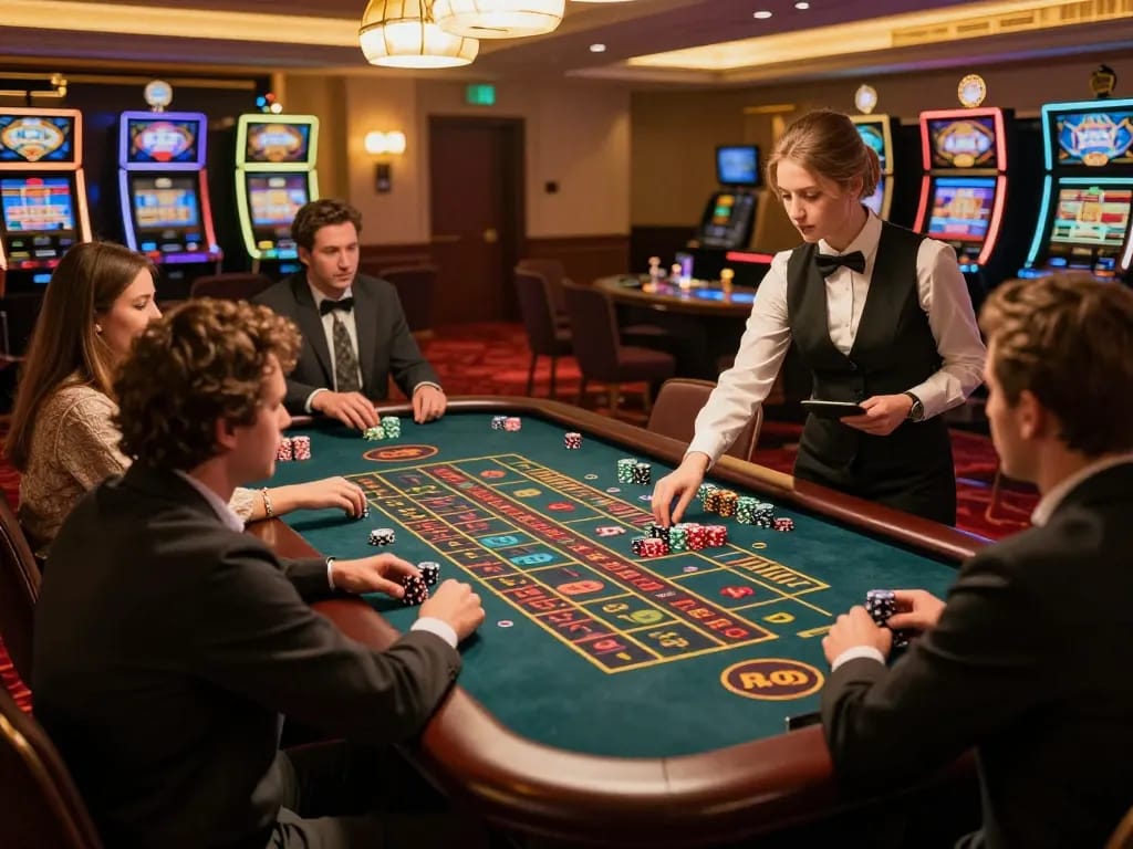 Players engaging in strategic roulette bets at u888 casino, vibrant atmosphere and luxurious decor.