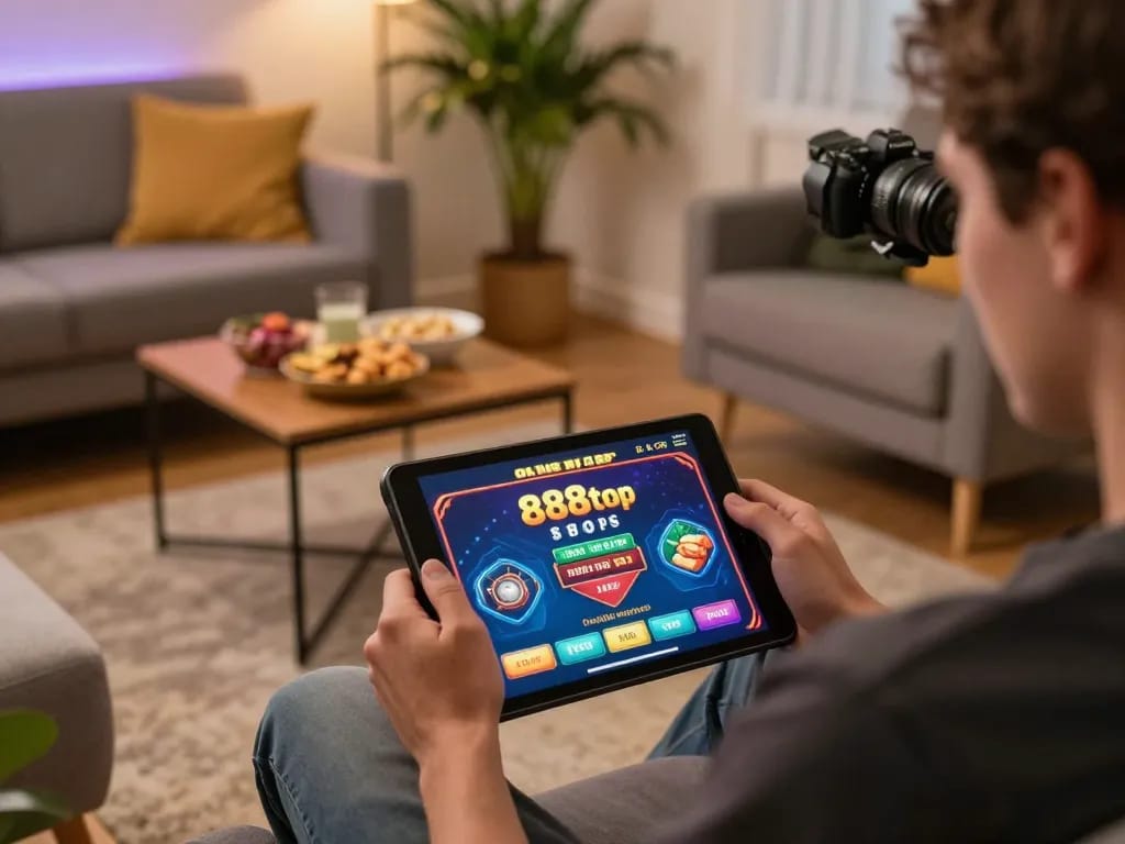 Engaged player enjoying online games at 888top shop on tablet in cozy home setting