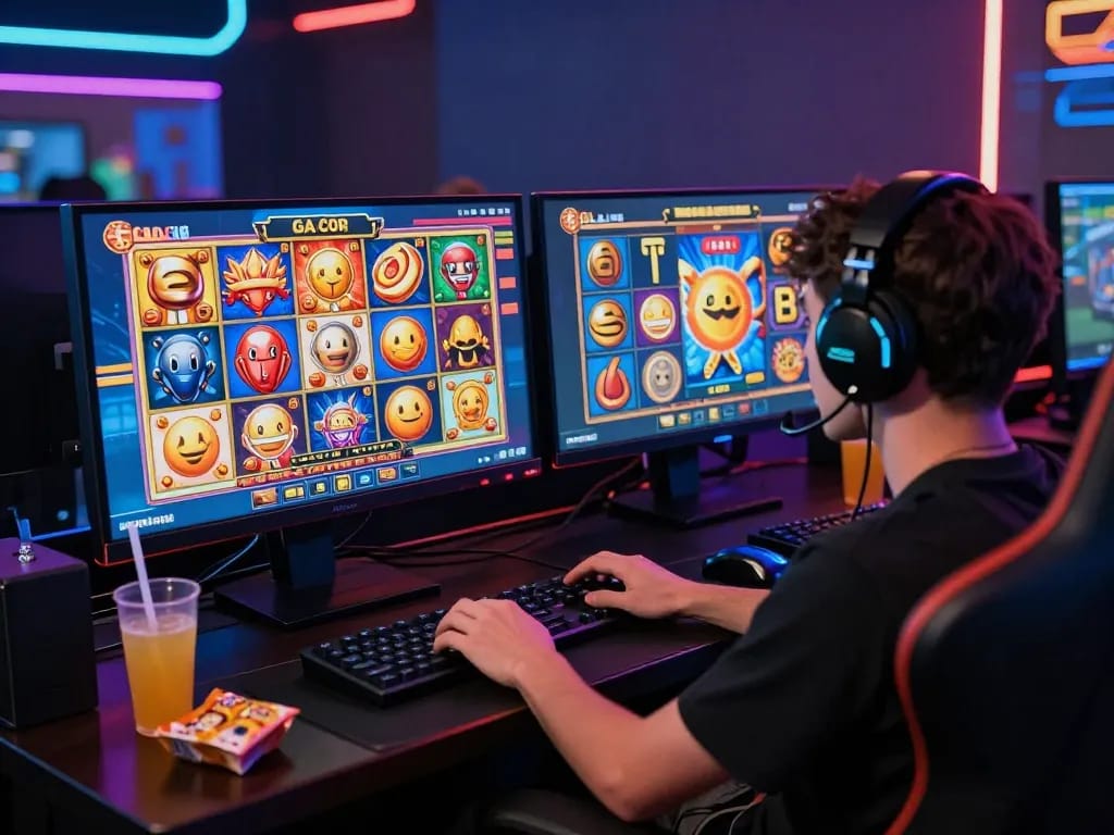 Player immersed in slot gacor gaming experience amid vibrant graphics and dual monitors.