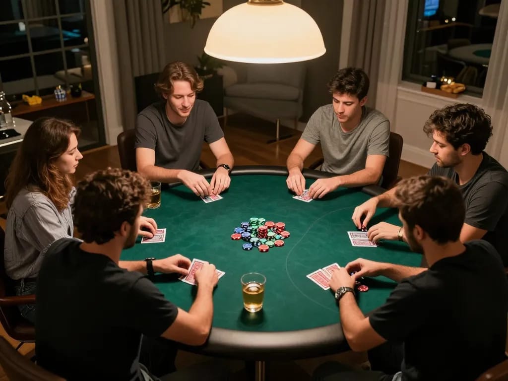 Friends enjoying a gojekpot poker night at home, engaged in friendly competition over cards and chips.