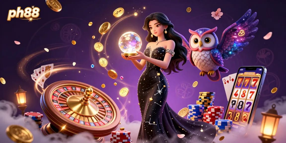 Experience the magic at ph88 with a stunning illustration of a mystical woman and an owl, showcasing vibrant casino elements.