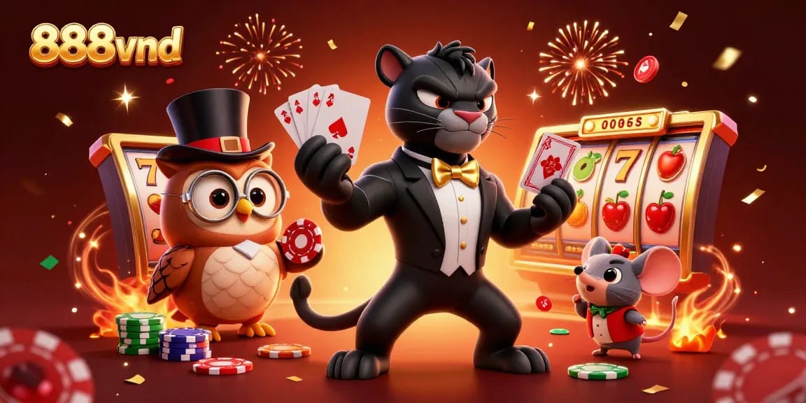 Engage with thrilling slots at 888vnd, as a panther deals cards amid festive decorations and lucky symbols.