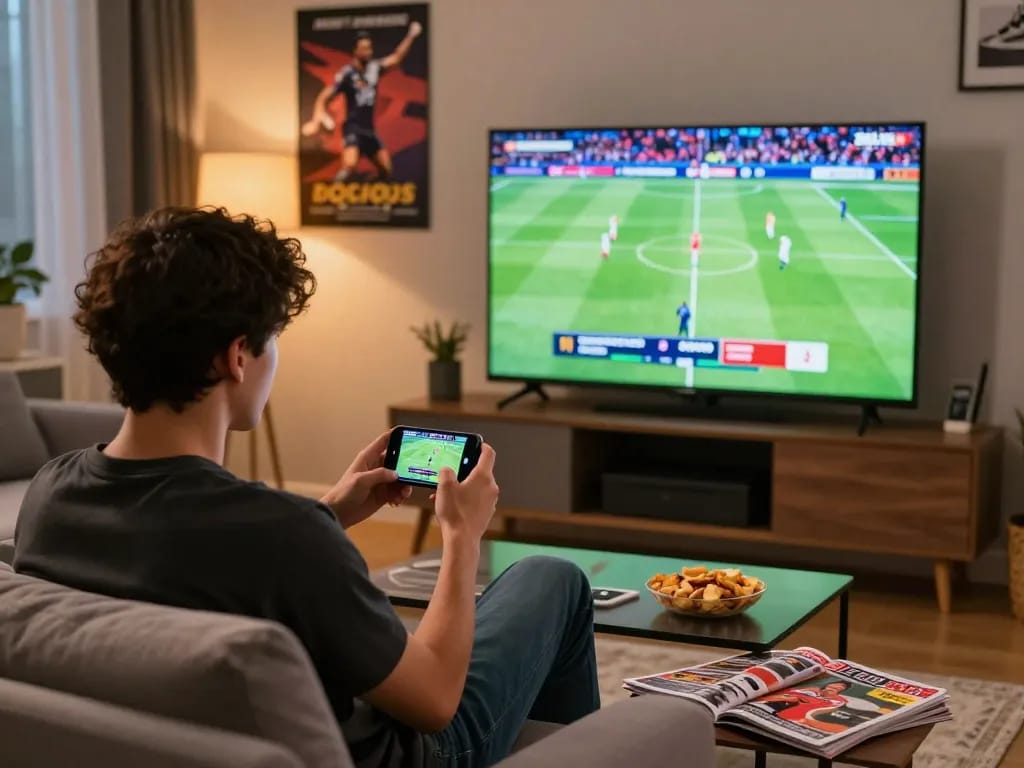Engaging in sports betting with vaobet on smartphone while enjoying a live game at home.