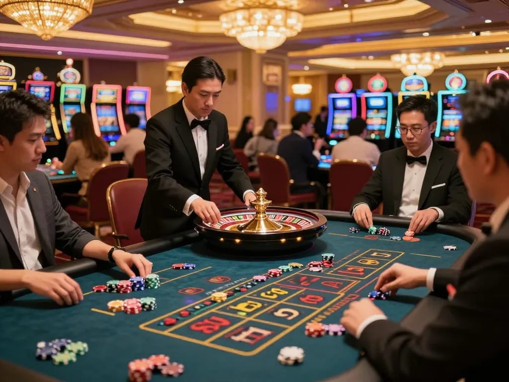 Paito macau roulette table scene in an upscale casino, players placing bets in a vibrant atmosphere