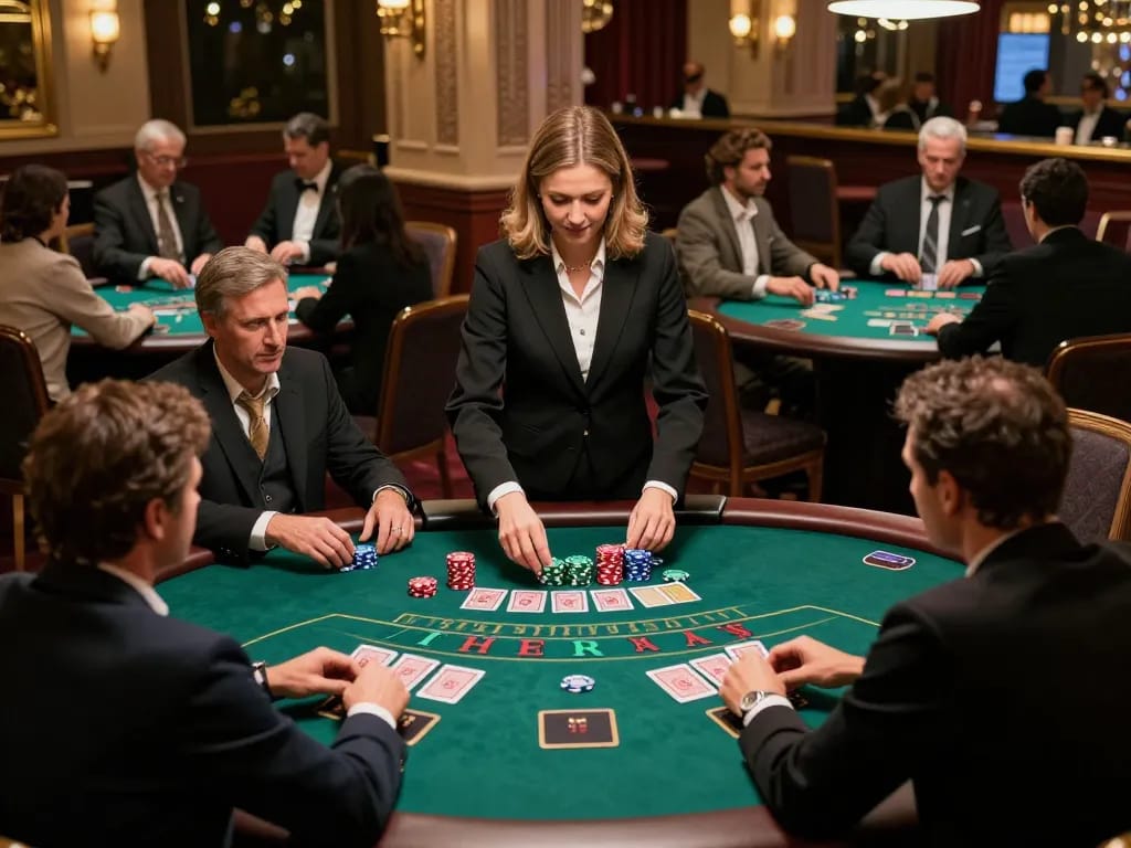 Players engaging intensely in a game of blackjack at iWin casino, displaying chips and cards.