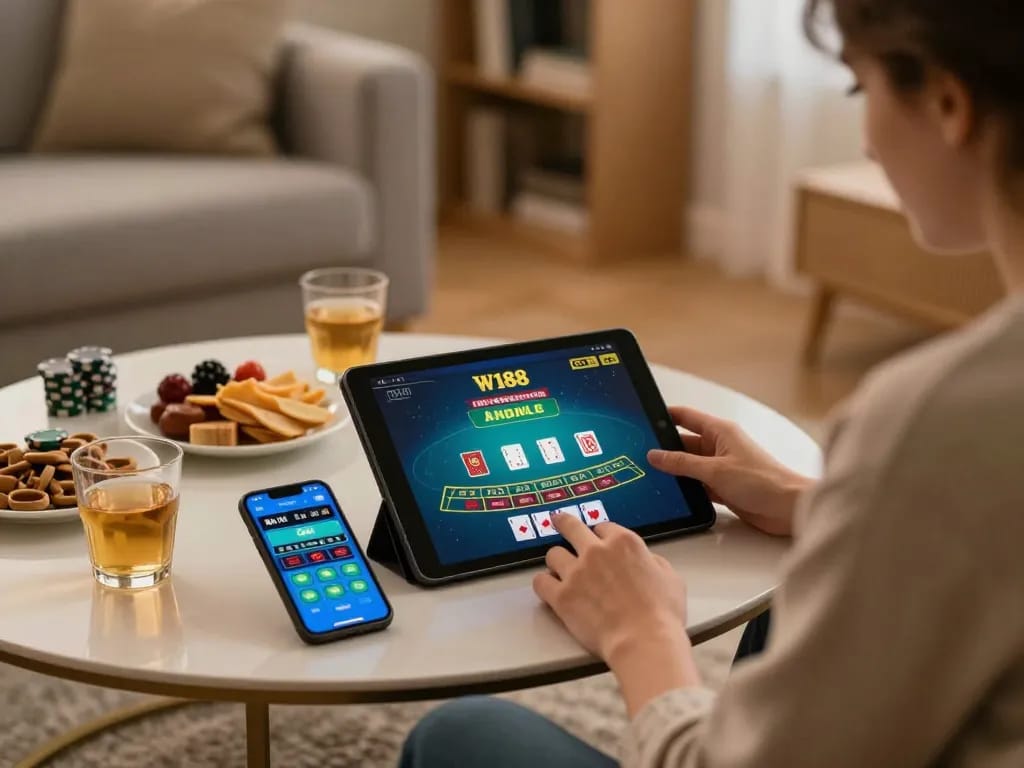 Player enjoying a thrilling W188 live blackjack session on a tablet at home, enhancing their gameplay experience.